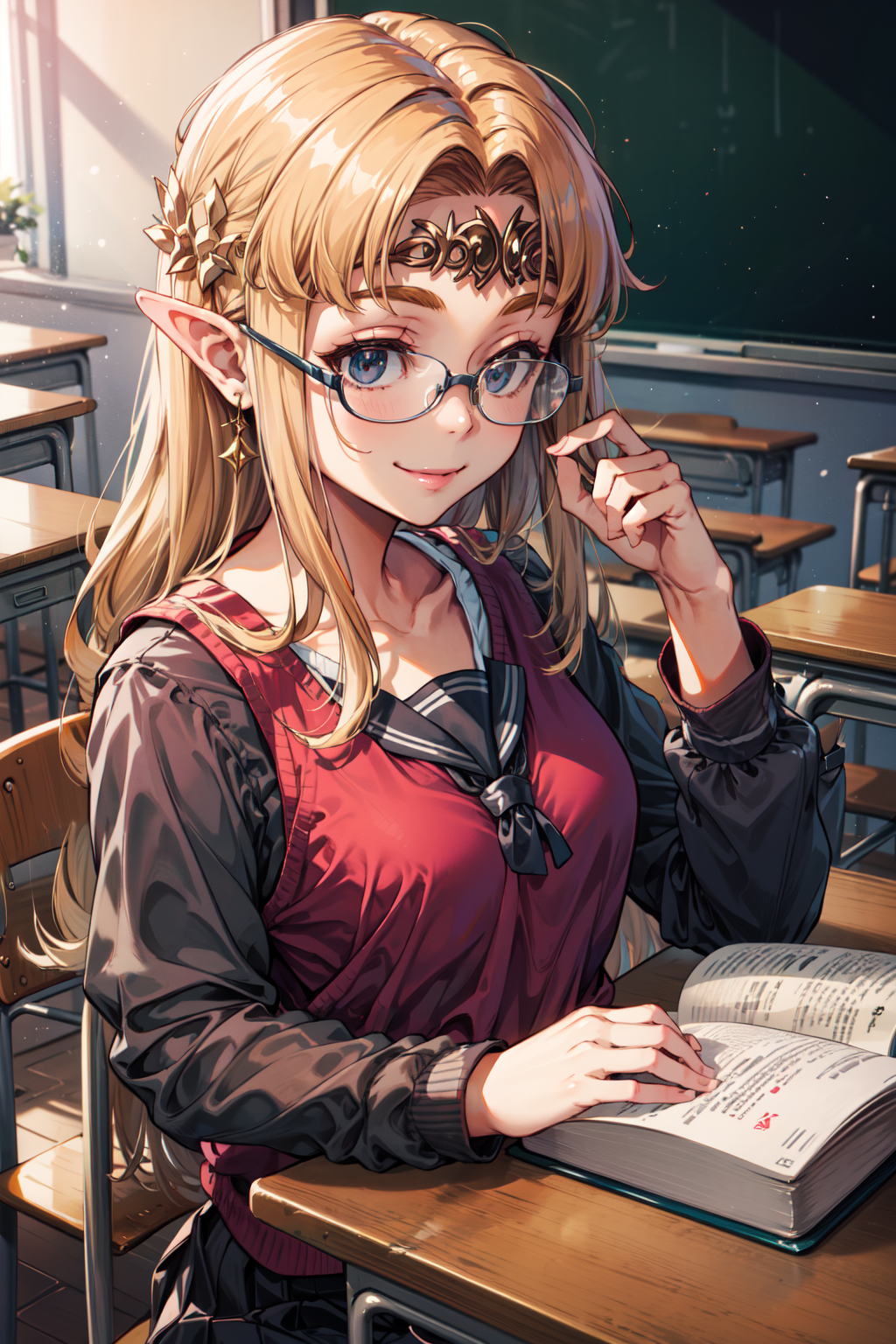 masterpiece,best quality,1girl,zelda-albw,(school uniform),glasses,smile,book,holding book,classroom,<lora:zelda-albw:0.8>,